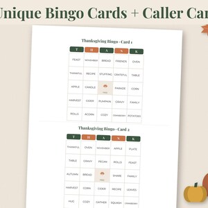 May include: A printable set of 8 unique Thanksgiving bingo cards and caller cards. Each card features a grid with the letters T-H-A-N-K in green and orange boxes at the top, containing words like feast, pumpkin, and harvest, with a free space in the center.