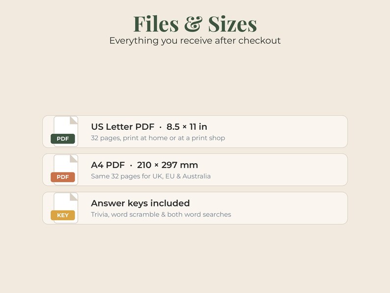 以下が含まれることがあります： Files & Sizesというタイトルの情報グラフィック。USレターサイズPDF（8.5 x 11インチ、32ページ）、A4サイズPDF（210 x 297 mm、32ページ）、トリビアやワードゲームの解答キーが含まれていることを示す3つの項目が記載されています。