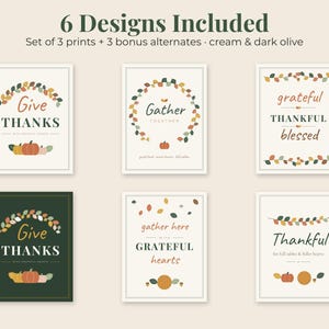 May include: A set of six rectangular wall art prints featuring autumn-themed typography and illustrations. The designs include text such as Give Thanks, Gather, and Grateful, accented with pumpkins, acorns, and leaf wreaths in cream and dark olive.