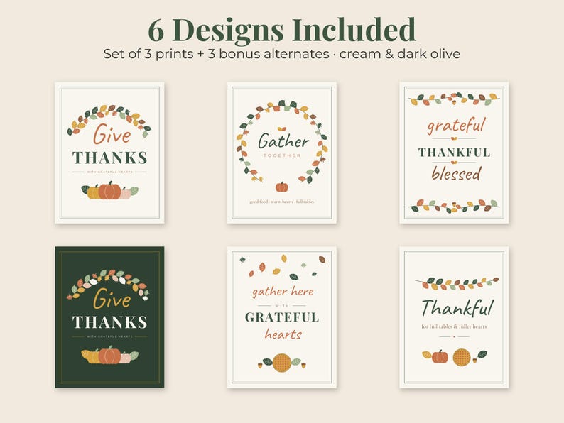 May include: A set of six rectangular wall art prints featuring autumn-themed typography and illustrations. The designs include text such as Give Thanks, Gather, and Grateful, accented with pumpkins, acorns, and leaf wreaths in cream and dark olive.