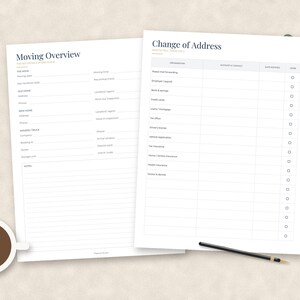 May include: Two white paper sheets featuring black text and grid lines. The left sheet is titled Moving Overview with sections for home details and notes. The right sheet is titled Change of Address with a checklist for various organizations.