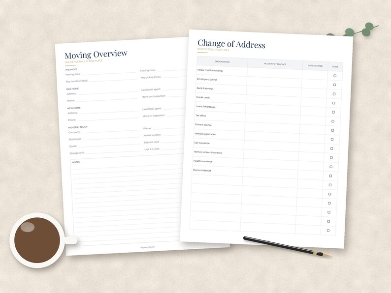 May include: Two white paper sheets featuring black text and grid lines. The left sheet is titled Moving Overview with sections for home details and notes. The right sheet is titled Change of Address with a checklist for various organizations.