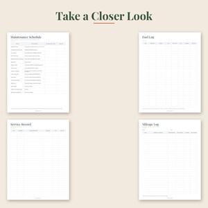 Puede incluir: Cuatro p&aacute;ginas blancas imprimibles con texto oscuro tituladas Take a Closer Look. Las p&aacute;ginas incluyen un Maintenance Schedule, Fuel Log, Service Record y Mileage Log, cada una con columnas y filas organizadas para el seguimiento de datos.