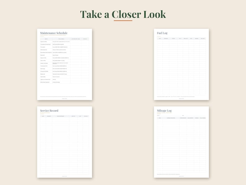 Puede incluir: Cuatro p&aacute;ginas blancas imprimibles con texto oscuro tituladas Take a Closer Look. Las p&aacute;ginas incluyen un Maintenance Schedule, Fuel Log, Service Record y Mileage Log, cada una con columnas y filas organizadas para el seguimiento de datos.