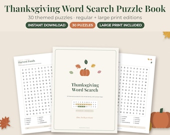 Thanksgiving Word Search Printable, Large Print Puzzles for Seniors, Fall Activity Book Adults