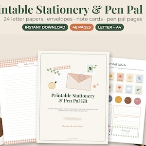 May include: A printable stationery and pen pal kit featuring 48 pages of letter papers, envelopes, note cards, and pen pal pages. The kit includes sheets with lined paper, mail labels, and decorative graphics like envelopes, citrus, and greenery.