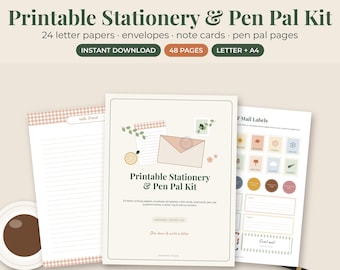 Printable Stationery Set, Pen Pal Kit, Letter Writing Paper, Envelope Template, Lined Note Cards