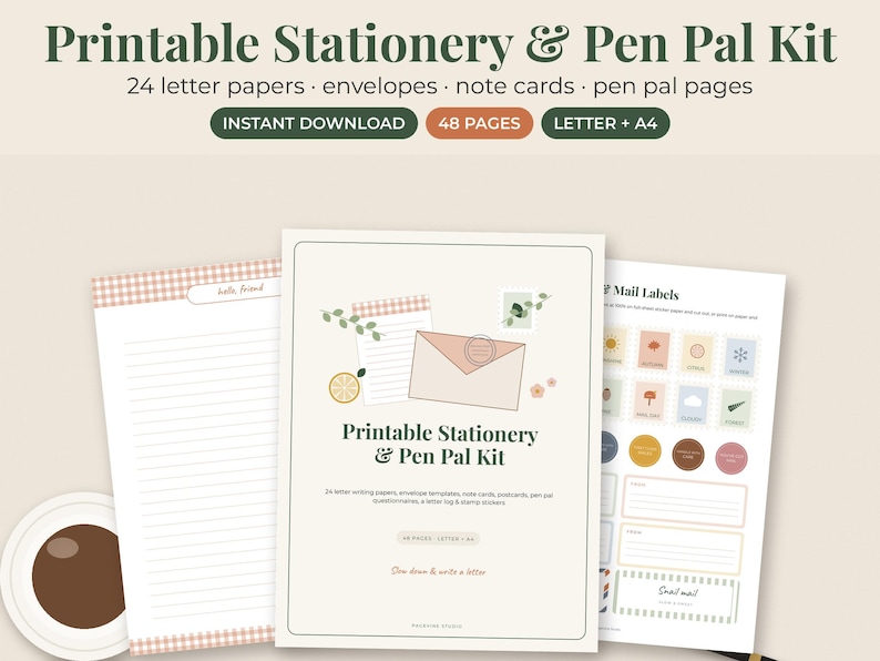 May include: A printable stationery and pen pal kit featuring 48 pages of letter papers, envelopes, note cards, and pen pal pages. The kit includes sheets with lined paper, mail labels, and decorative graphics like envelopes, citrus, and greenery.