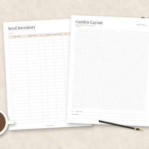 May include: Two white paper sheets featuring black text and grid lines. The left sheet is titled Seed Inventory with columns for variety, source, and quantity. The right sheet is titled Garden Layout with a large grid for sketching garden plans.