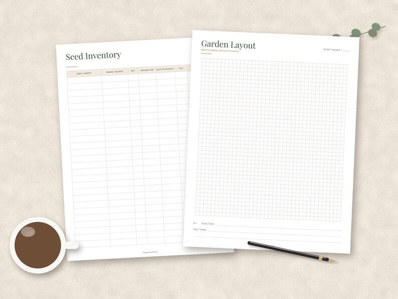 May include: Two white paper sheets featuring black text and grid lines. The left sheet is titled Seed Inventory with columns for variety, source, and quantity. The right sheet is titled Garden Layout with a large grid for sketching garden plans.