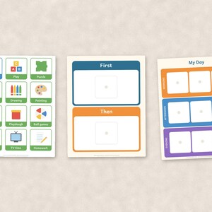 May include: Three rectangular educational charts featuring colorful icons and text. The first chart displays activity labels like Train ride, Play, and Homework. The second chart has First and Then sections. The third chart is labeled My Day.