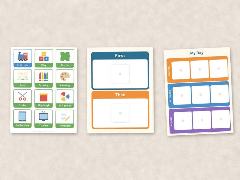 May include: Three rectangular educational charts featuring colorful icons and text. The first chart displays activity labels like Train ride, Play, and Homework. The second chart has First and Then sections. The third chart is labeled My Day.