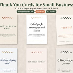 Peut inclure: Un ensemble de dix cartes de remerciement modifiables pour petites entreprises, pr&eacute;sentant diverses palettes de couleurs neutres et des motifs de feuilles. Les cartes incluent du texte comme Thank you for your order, avec des espaces r&eacute;serv&eacute;s pour les r&eacute;seaux sociaux et les sites web.