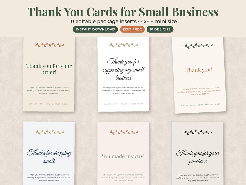 Peut inclure: Un ensemble de dix cartes de remerciement modifiables pour petites entreprises, pr&eacute;sentant diverses palettes de couleurs neutres et des motifs de feuilles. Les cartes incluent du texte comme Thank you for your order, avec des espaces r&eacute;serv&eacute;s pour les r&eacute;seaux sociaux et les sites web.