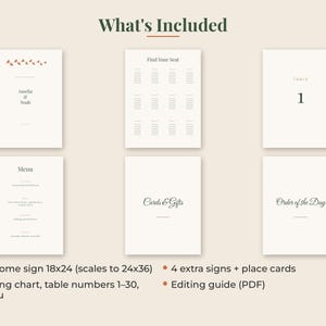 May include: A set of wedding stationery templates on a cream background, including a welcome sign, seating chart, table number 1, menu, cards and gifts sign, and order of the day sign. Text includes "What's Included", "Amelia & Noah", "Find Your Seat", "Menu", "Cards & Gifts", and "Order of the Day".