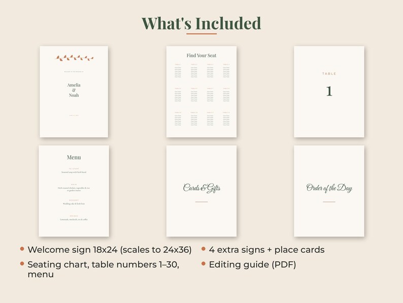 May include: A set of wedding stationery templates on a cream background, including a welcome sign, seating chart, table number 1, menu, cards and gifts sign, and order of the day sign. Text includes "What's Included", "Amelia & Noah", "Find Your Seat", "Menu", "Cards & Gifts", and "Order of the Day".