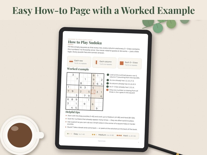 May include: A digital tablet displaying a Sudoku instructional page titled How to Play Sudoku. The screen shows rules, a worked example grid with numbers, and helpful tips. The layout includes text boxes explaining rows, columns, and 3x3 boxes.