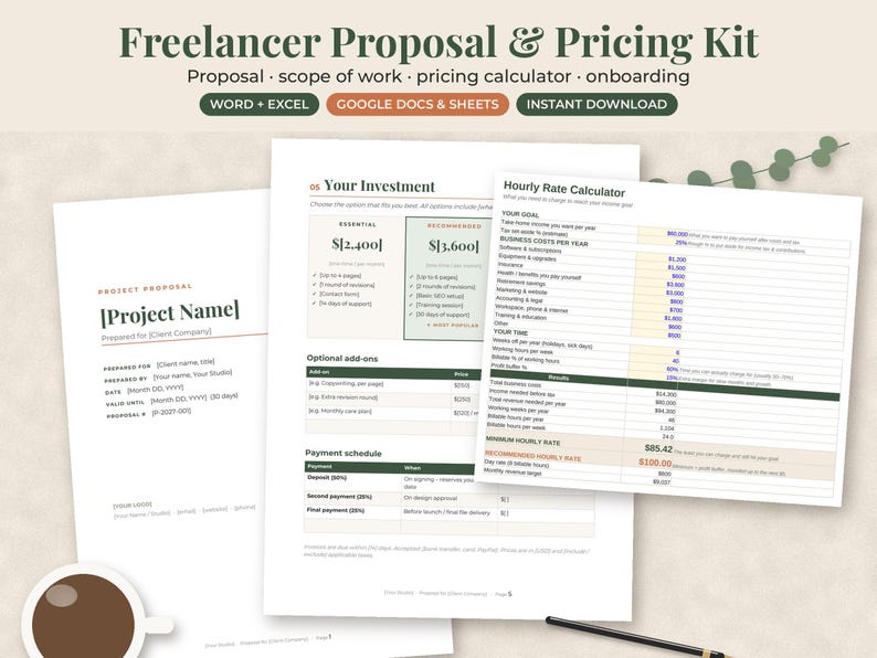 Mallpaket för frilansförslag, kundförslag, priskalkylator, Word Excel bild 1