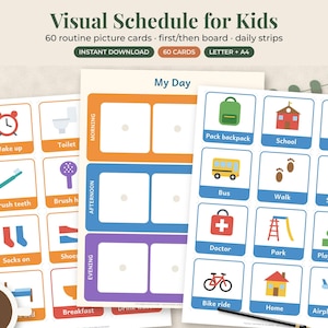 May include: A visual schedule for kids featuring 60 routine picture cards, a first/then board, and daily strips. The printable sheets display colorful icons for daily activities like waking up, brushing teeth, school, and bike rides with text labels.
