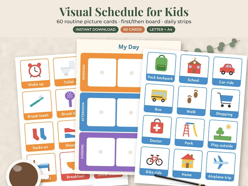 May include: A visual schedule for kids featuring 60 routine picture cards, a first/then board, and daily strips. The printable sheets display colorful icons for daily activities like waking up, brushing teeth, school, and bike rides with text labels.