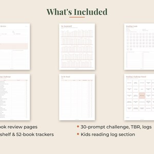 May include: A digital reading planner set featuring six distinct pages titled What's Included, Book Review, My Bookshelf, Reading Goals, Reading Challenge, and To Be Read. The pages include lists, grids, and trackers with text prompts.