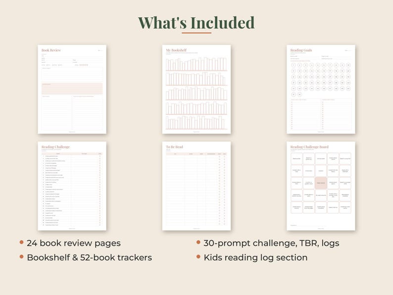 May include: A digital reading planner set featuring six distinct pages titled What's Included, Book Review, My Bookshelf, Reading Goals, Reading Challenge, and To Be Read. The pages include lists, grids, and trackers with text prompts.