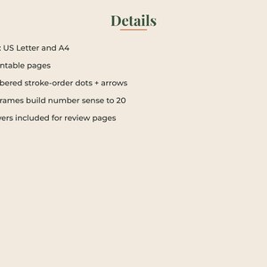 May include: A digital document titled Details listing features: US Letter and A4 sizes, 31 printable pages, numbered stroke-order dots and arrows, ten-frames to build number sense to 20, and included answers for review pages on a light background.