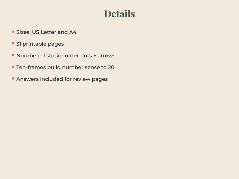 May include: A digital document titled Details listing features: US Letter and A4 sizes, 31 printable pages, numbered stroke-order dots and arrows, ten-frames to build number sense to 20, and included answers for review pages on a light background.