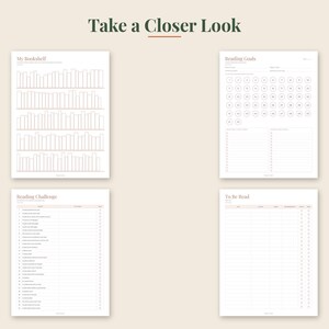 May include: Four digital planner pages titled Take a Closer Look, featuring My Bookshelf with book outlines, Reading Goals with circular trackers, a Reading Challenge list, and a To Be Read table, all printed in a light pink ink on white paper.