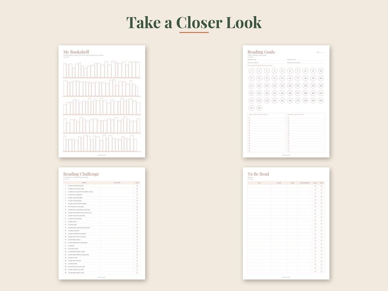 May include: Four digital planner pages titled Take a Closer Look, featuring My Bookshelf with book outlines, Reading Goals with circular trackers, a Reading Challenge list, and a To Be Read table, all printed in a light pink ink on white paper.