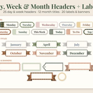 May include: A digital collection of planner stickers featuring day, week, and month headers, plus labels and banners. The set includes text for Monday through Sunday, This Week, Today, To Do, Top 3, and months like January, April, July, October, November, and December.