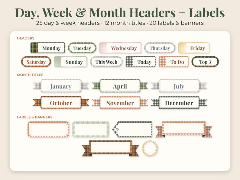 May include: A digital collection of planner stickers featuring day, week, and month headers, plus labels and banners. The set includes text for Monday through Sunday, This Week, Today, To Do, Top 3, and months like January, April, July, October, November, and December.
