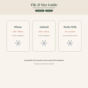 May include: A digital file and size guide for phone wallpapers featuring three columns. iPhone specs are 1290 x 2796 px, Android are 1080 x 2400 px, and compatibility includes iOS and Android lock and home screens. It notes 40 JPG wallpapers and 2 ZIP files.
