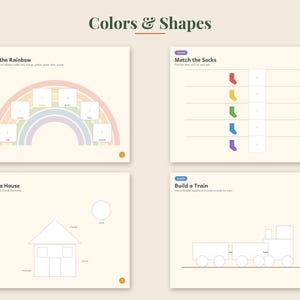 May include: A four-page educational activity set titled Colors & Shapes. The pages feature interactive tasks including Build the Rainbow, Match the Socks, Build a House, and Build a Train, using outlines and text to guide learning activities.