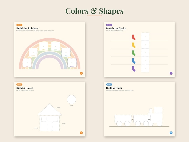 May include: A four-page educational activity set titled Colors & Shapes. The pages feature interactive tasks including Build the Rainbow, Match the Socks, Build a House, and Build a Train, using outlines and text to guide learning activities.