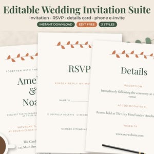 May include: An editable wedding invitation suite featuring three white cards with dark green text and a rust-colored leaf vine graphic. The cards are labeled Invitation, RSVP, and Details, with text including Amelia & Noah, and the website ourwebsite.com.