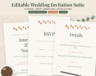 Wedding Invitation Template Editable, Minimalist Invite Set, RSVP Details Card, Evite