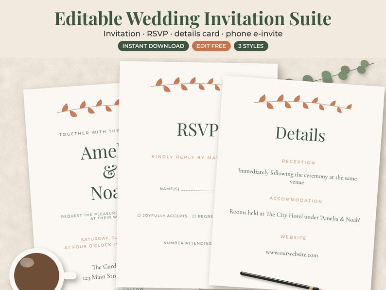 May include: An editable wedding invitation suite featuring three white cards with dark green text and a rust-colored leaf vine graphic. The cards are labeled Invitation, RSVP, and Details, with text including Amelia & Noah, and the website ourwebsite.com.