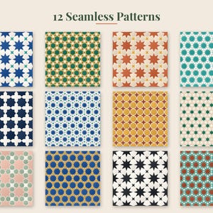 May include: A collection of 12 seamless patterns arranged in a grid, featuring geometric star and cross motifs in various color combinations including blue, green, orange, yellow, black, and pink, with the text 12 Seamless Patterns at the top.