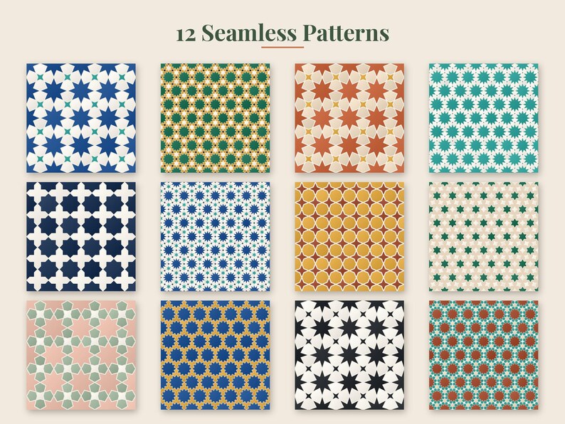 May include: A collection of 12 seamless patterns arranged in a grid, featuring geometric star and cross motifs in various color combinations including blue, green, orange, yellow, black, and pink, with the text 12 Seamless Patterns at the top.