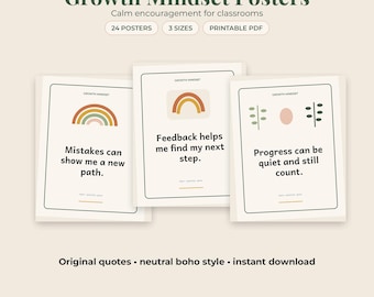Growth Mindset Posters, 24 Boho Classroom Decor Prints, Bulletin Board Printable