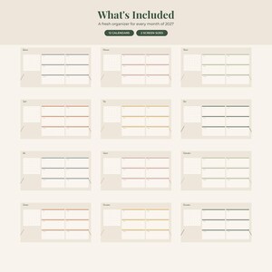 May include: A digital planner set for 2027 featuring twelve monthly calendar layouts with a grid view and daily sections. The text reads What's Included, A fresh organizer for every month of 2027, 12 CALENDARS, and 2 SCREEN SIZES in dark green.