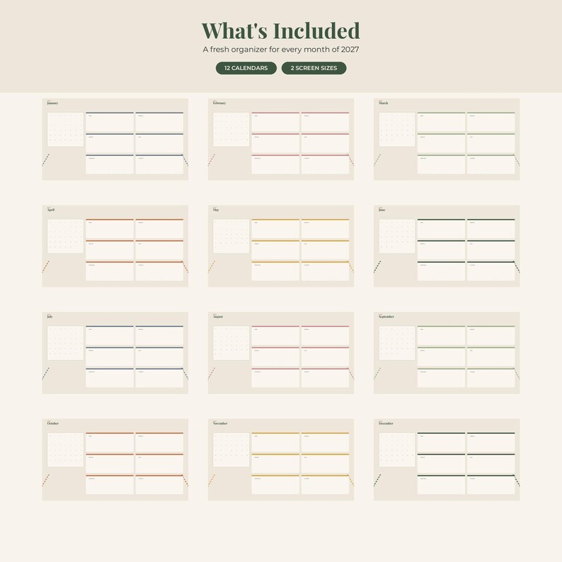 May include: A digital planner set for 2027 featuring twelve monthly calendar layouts with a grid view and daily sections. The text reads What's Included, A fresh organizer for every month of 2027, 12 CALENDARS, and 2 SCREEN SIZES in dark green.