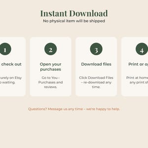 May include: An instructional graphic titled Instant Download with four numbered steps in dark green circles. The steps are: 1. Buy & check out, 2. Open your purchases, 3. Download files, 4. Print or open. Text below includes instructions and a contact note.