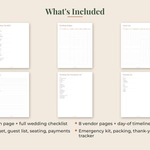May include: A digital wedding planner set featuring six white pages with black text titled Wedding Checklist, Wedding Budget, Guest List, Venue, Wedding Day Emergency Kit, and Packing List, with a summary of included pages listed below.
