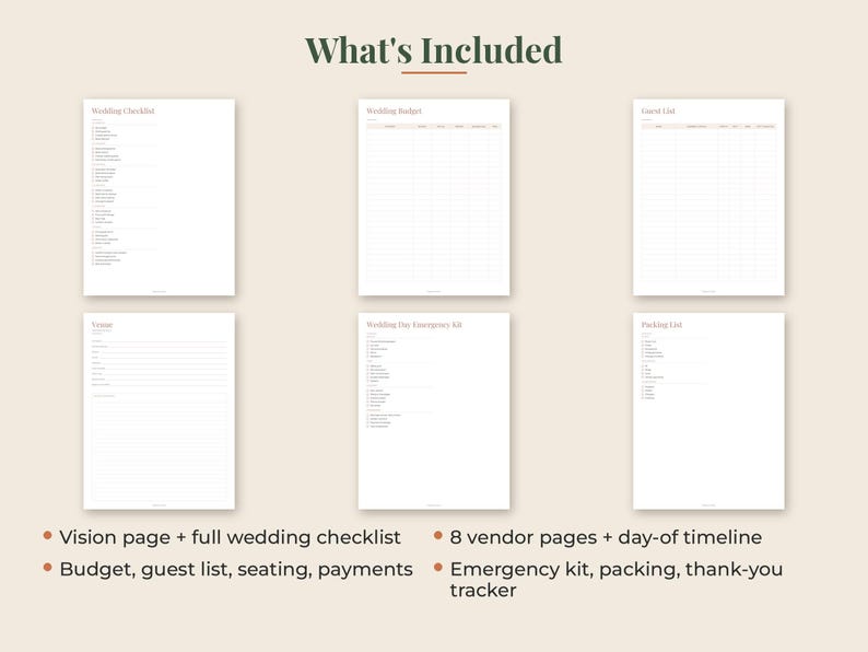 May include: A digital wedding planner set featuring six white pages with black text titled Wedding Checklist, Wedding Budget, Guest List, Venue, Wedding Day Emergency Kit, and Packing List, with a summary of included pages listed below.