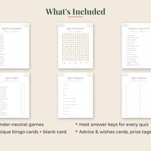 May include: A set of six white baby shower game sheets featuring titles such as Baby Word Scramble, Baby Word Search, Who Knows Mom-to-Be, Mom or Dad, Baby Predictions, and Baby Name Race, with text detailing 12 games, 30 bingo cards, and answer keys.
