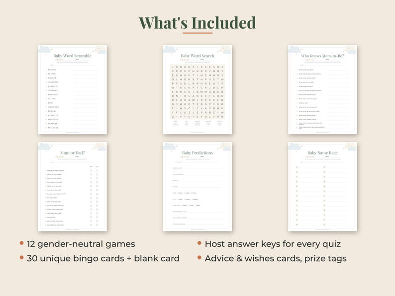 May include: A set of six white baby shower game sheets featuring titles such as Baby Word Scramble, Baby Word Search, Who Knows Mom-to-Be, Mom or Dad, Baby Predictions, and Baby Name Race, with text detailing 12 games, 30 bingo cards, and answer keys.