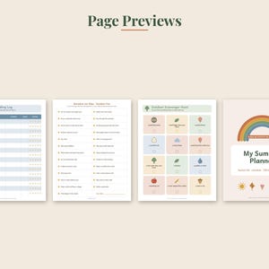 May include: Four printable planner pages featuring a Summer Reading Log, a scavenger hunt list, an outdoor scavenger hunt with icons, and a My Summer Planner cover page with a rainbow graphic, sun, kite, ice cream, tree, and flower icons.