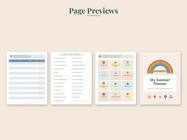 May include: Four printable planner pages featuring a Summer Reading Log, a scavenger hunt list, an outdoor scavenger hunt with icons, and a My Summer Planner cover page with a rainbow graphic, sun, kite, ice cream, tree, and flower icons.